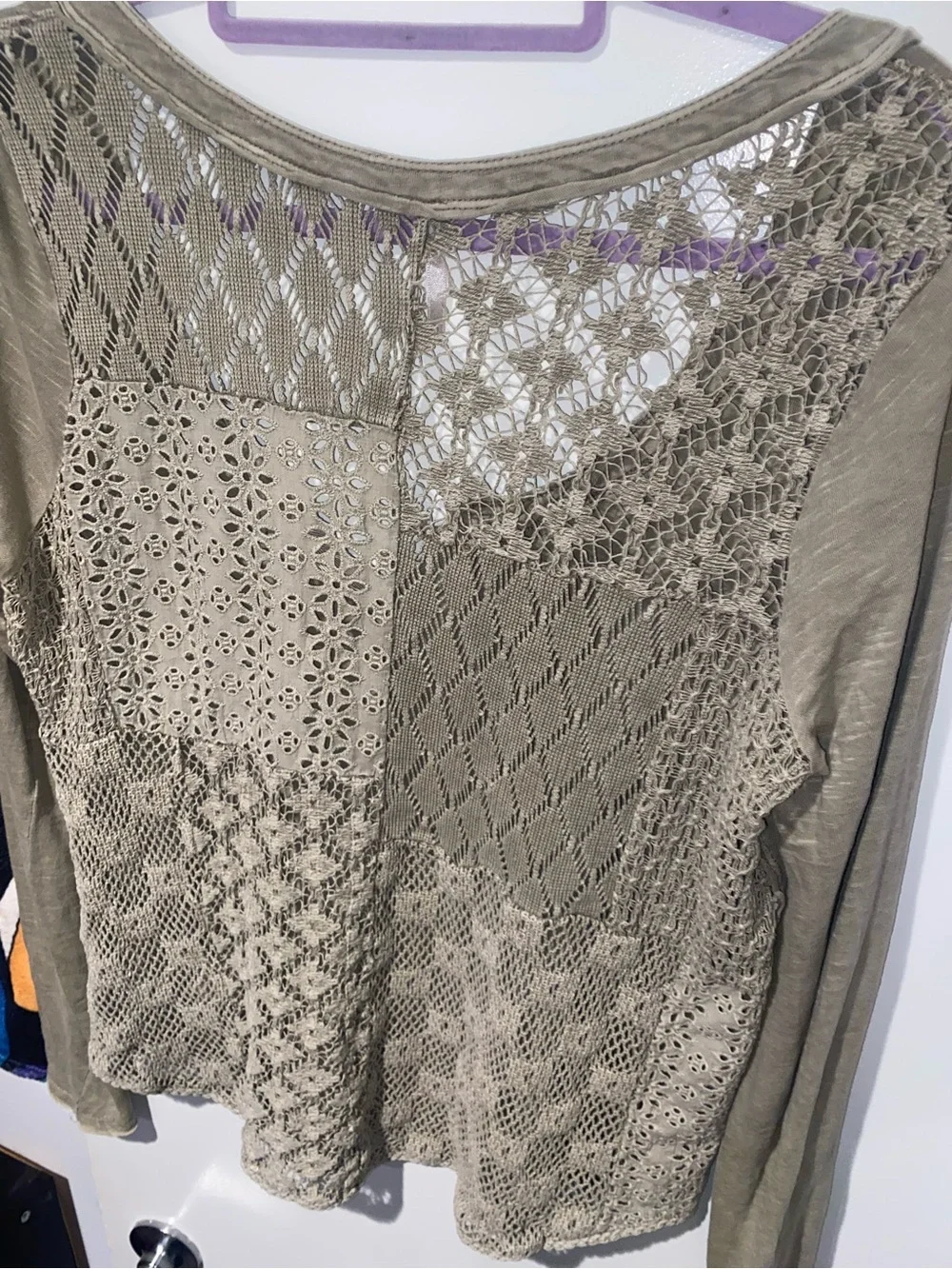 Free People Olive Crochet Lace Patchwork Long Sleeve Boho Top M